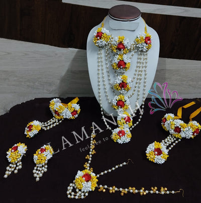 LAMANSH Necklace ,Earring, Maangtika & Bracelet Set White - Yellow - Red / Free Size / Bridal Look LAMANSH® 🌺 Yellow - White - Red Bridal Floral Jewellery Set for Haldi Rasam / Artificial Flower Jewelry set