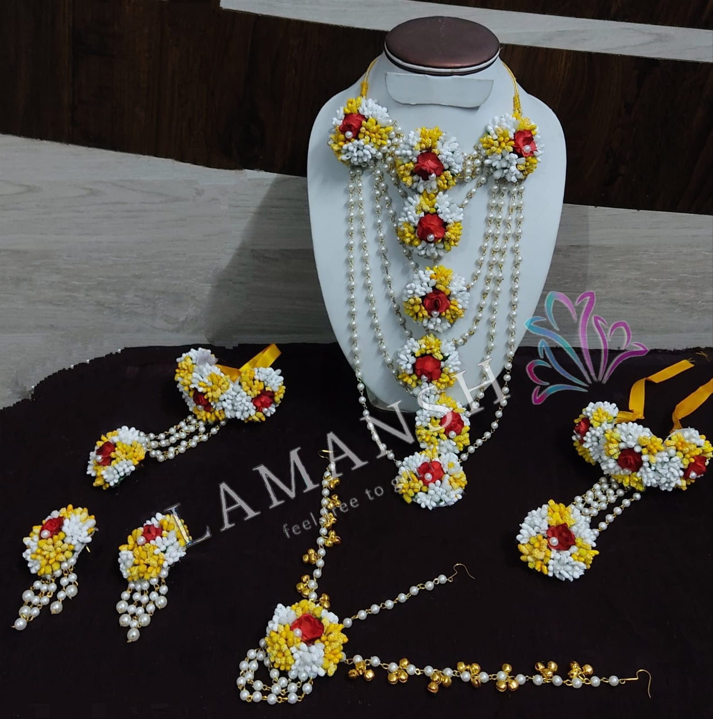 LAMANSH Necklace ,Earring, Maangtika & Bracelet Set White - Yellow - Red / Free Size / Bridal Look Lamansh® 🌺 Yellow - White - Red Bridal Floral Jewellery Set for Haldi Rasam / Flower Jewelry set