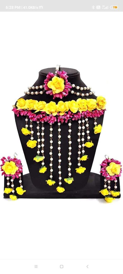 LAMANSH Necklace ,Earring, Maangtika & Bracelet Set Yellow / Free Size / Bridal Look Lamansh® 🌺🌹🌷Floral Jewellery Set