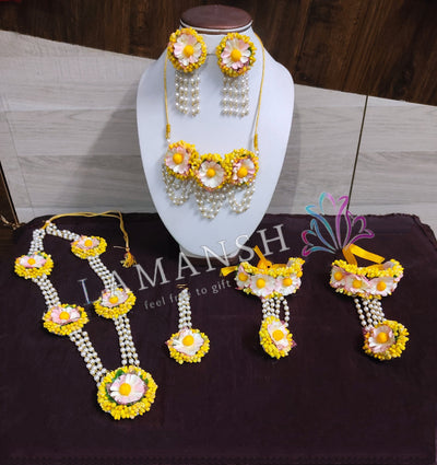 LAMANSH Necklace ,Earring, Maangtika & Bracelet Set Yellow / Free Size / Bridal Look Lamansh® 🌺🌻🌹🌷 Floral Jewellery Set