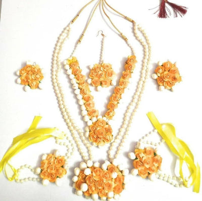 LAMANSH Necklace ,Earring, Maangtika & Bracelet Set Yellow / Free Size / Bridal Look Lamansh® 🌺 Layered Bridal Floral Jewellery Set