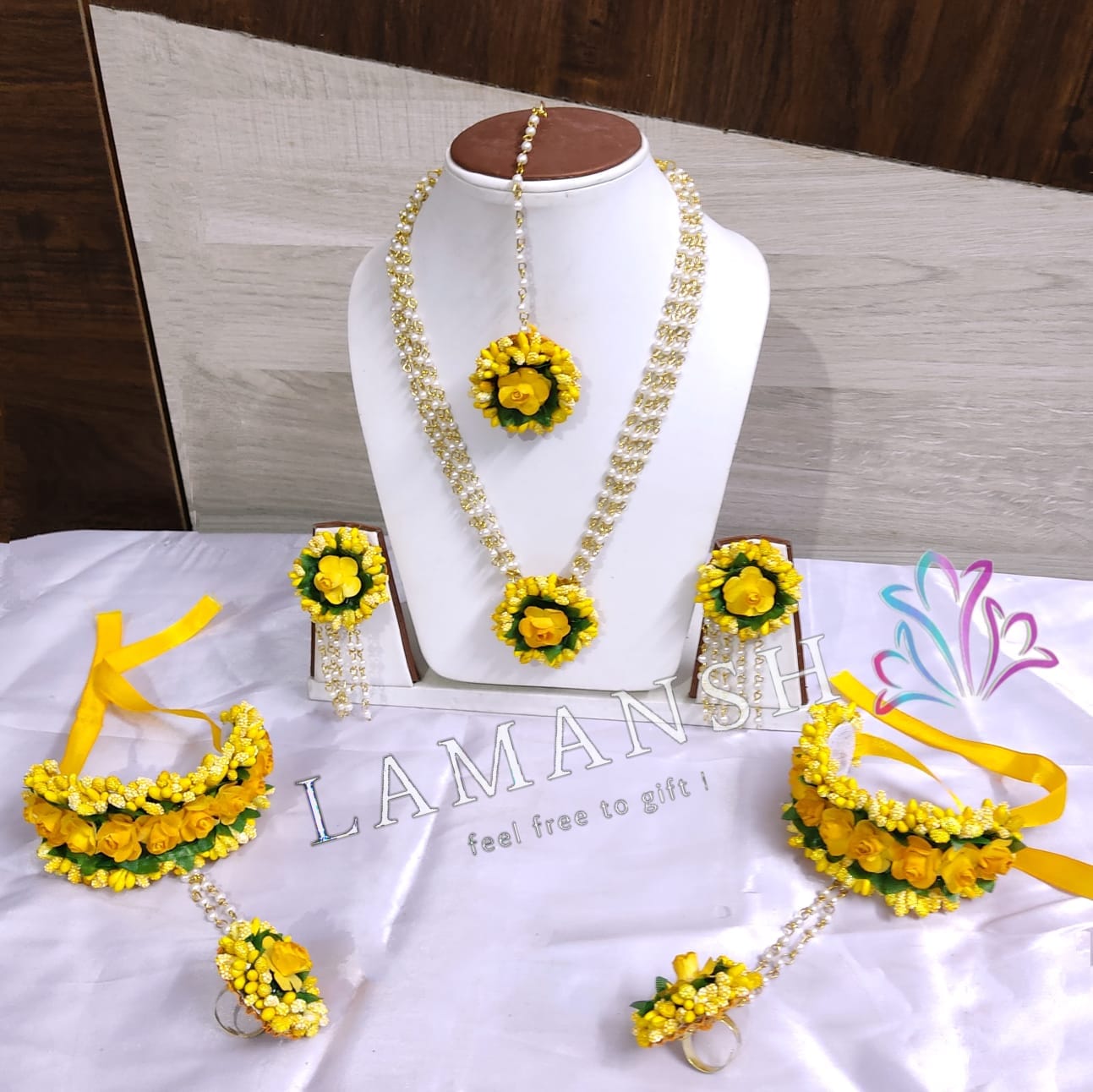 Lamansh Necklace, Earring, Maangtika & Bracelet Set Yellow / Free size / Haldi and Mehandi Lamansh® Artificial ☀ Floral Jewellery Set