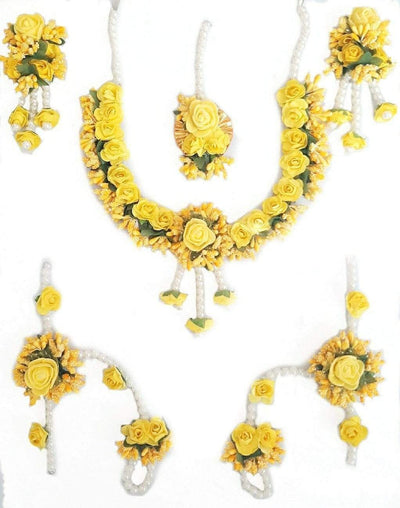 Lamansh Necklace, Earring, Maangtika & Bracelet Set Yellow / Free size / Haldi & Mehandi Lamansh Yellow Bridal 🌸 Artificial Flower Jewellery Set