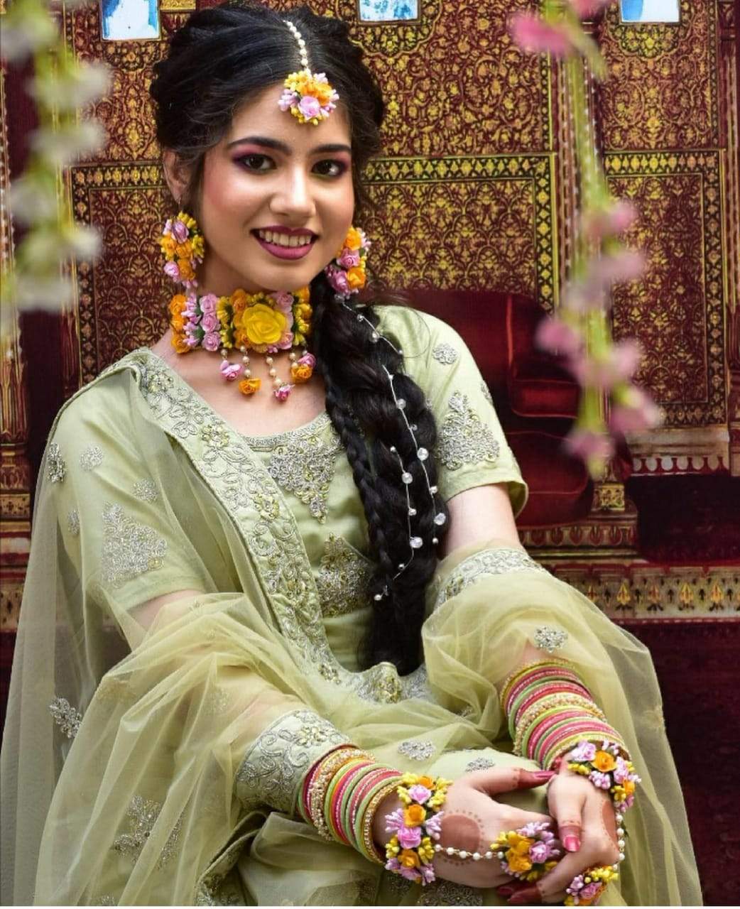LAMANSH Necklace ,Earring, Maangtika & Bracelet Set Yellow-Pink / Free Size / Bridal Look Lamansh® 🌺🌻🌹🌷 Floral Jewellery Set