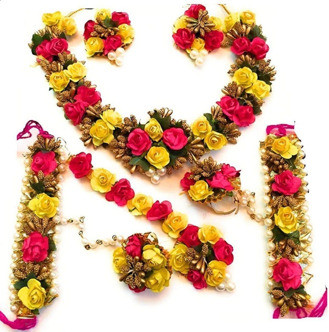 LAMANSH Necklace ,Earring, Maangtika & Bracelet Set Yellow-Pink-Golden / Free Size / Bridal Look LAMANSH® 🌺Floral Jewellery Set for Haldi ceremony / Flower Set