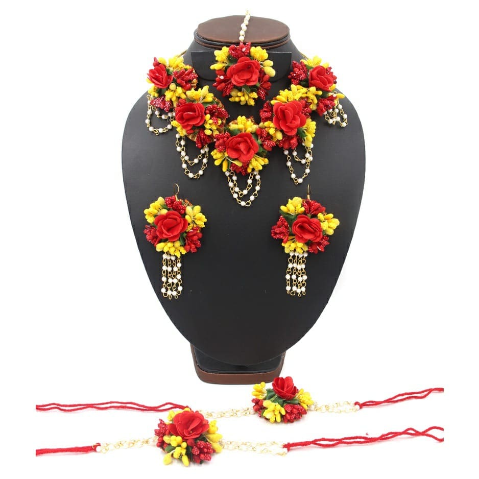 LAMANSH Necklace ,Earring, Maangtika & Bracelet Set Yellow-Red / Free Size / Bridal Look Lamansh® 🌺🌹🌷Floral Jewellery Set