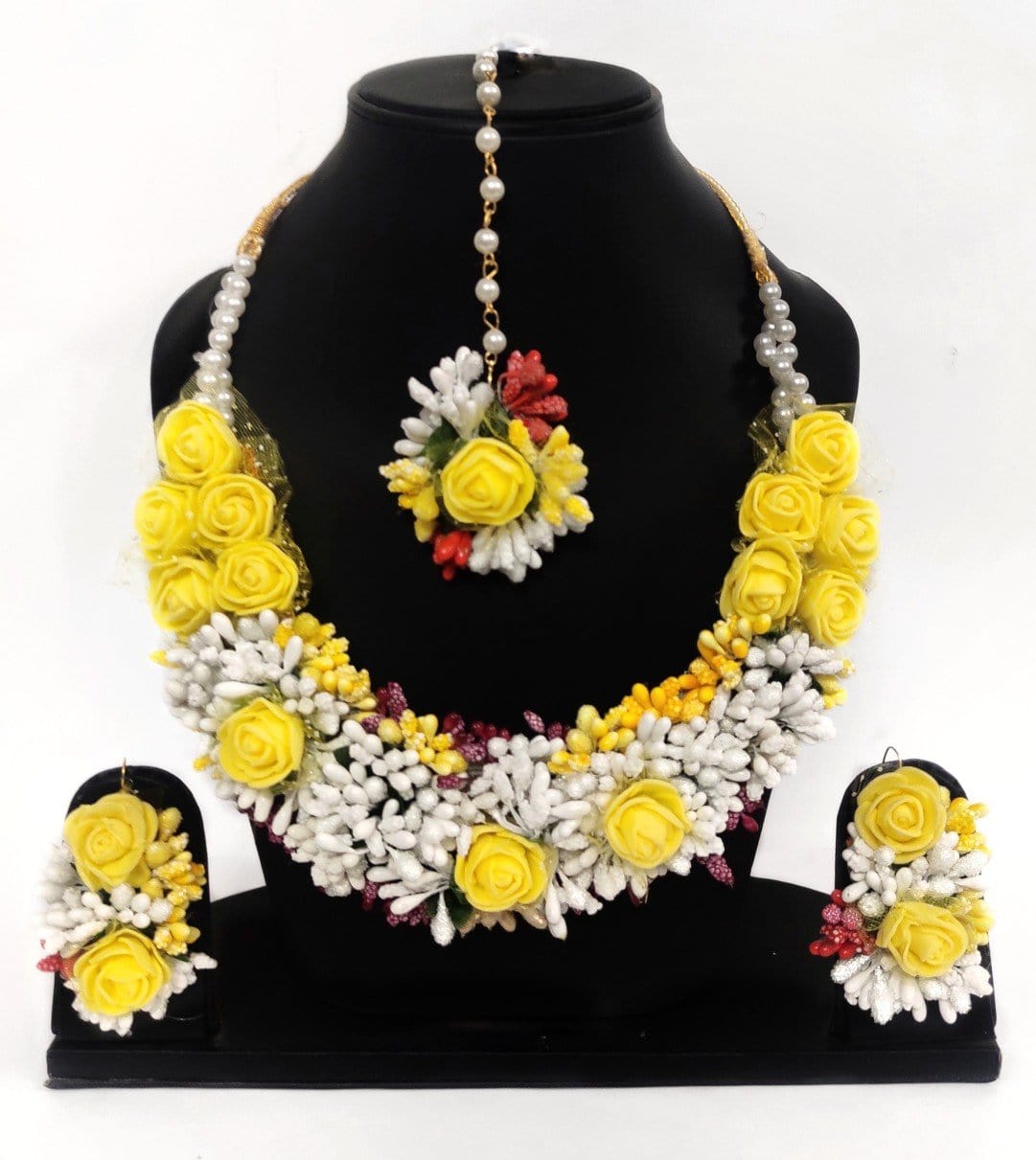 LAMANSH Necklace , Earring, Maangtika, Bracelet Set Yellow-White / Free Size / Bridal Style New Jaipur Handicraft Floral Jewellery Set