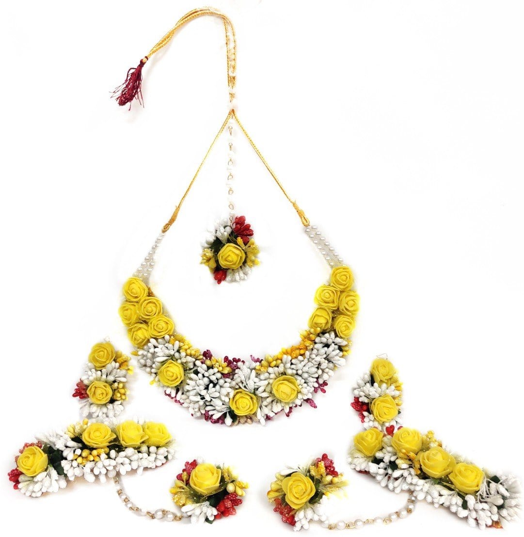 LAMANSH Necklace , Earring, Maangtika, Bracelet Set Yellow-White / Free Size / Bridal Style New Jaipur Handicraft Floral Jewellery Set