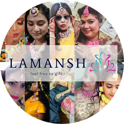 Lamansh Necklace, Earring, Maangtika & Bracelets Set 1 Necklace, 2 Earrings , 1 Maangtika & 2 Bracelets / Pink-Red LAMANSH® Special Haldi Mehendi 🌺 Jewellery Set