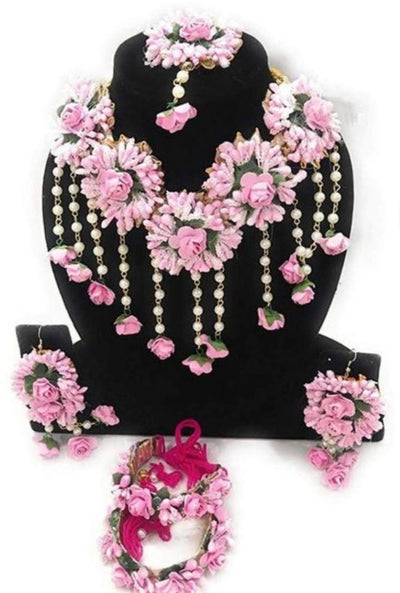Lamansh Necklace, Earring, Maangtika & Bracelets Set Pink / Free size / Bridal Style Lamansh Bridal Floral Jewellery set
