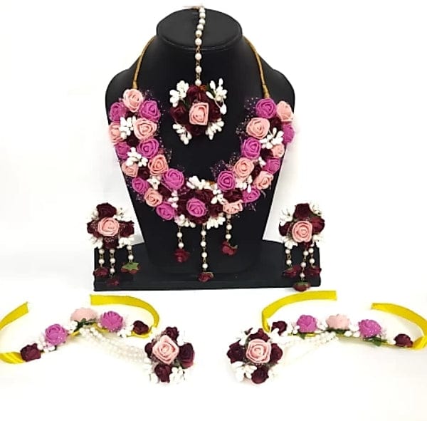 LAMANSH Necklace , Earring, Maangtika & Bracelets Set Pink / Free Size / Bridal Style Lamansh® Floral Jewellery Set 🌺🌻🌹🌷 / Haldi Set