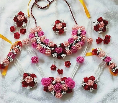 LAMANSH Necklace , Earring, Maangtika & Bracelets Set Pink-Red / Free Size / Bridal Style Lamansh® Floral Jewellery Set 🌺🌻🌹🌷 / Haldi Set