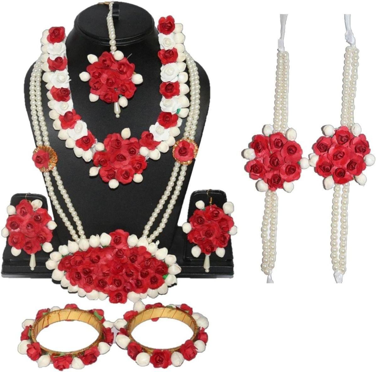 LAMANSH Necklace , Earring, Maangtika & Bracelets Set Red-White / Free Size / Bridal Style New Jaipur Handicraft Artificial Floral Jewellery Set