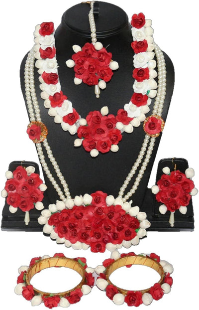 LAMANSH Necklace , Earring, Maangtika & Bracelets Set Red-White / Free Size / Bridal Style New Jaipur Handicraft Artificial Floral Jewellery Set