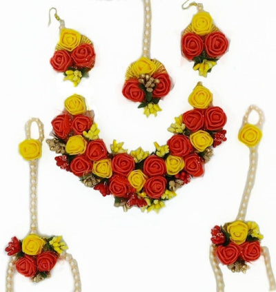 LAMANSH Necklace , Earring, Maangtika & Bracelets Set Red-Yellow / Free Size / Bridal Style LAMANSH Floral Jewelry Set