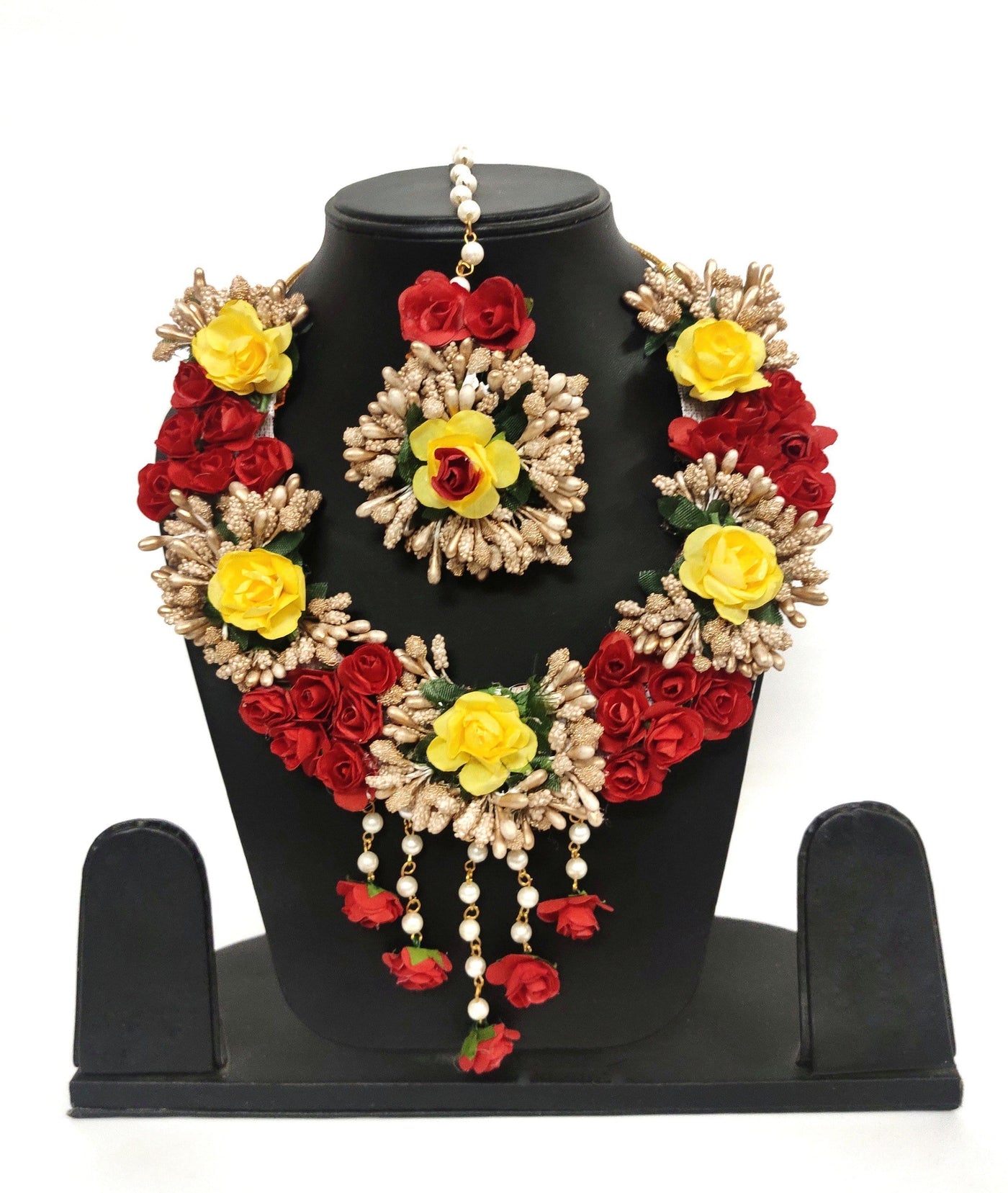 LAMANSH Necklace , Earring, Maangtika & Bracelets Set Red-Yellow-Gold / Free Size / Bridal Style New Jaipur Handicraft Artificial Flower Jewellery Set