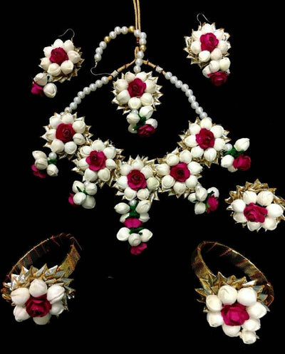 LAMANSH Necklace , Earring, Maangtika & Bracelets Set White-Red / Free Size / Bridal Style Lamansh® Floral Jewellery Set 🌺🌻🌹🌷 / Haldi Set