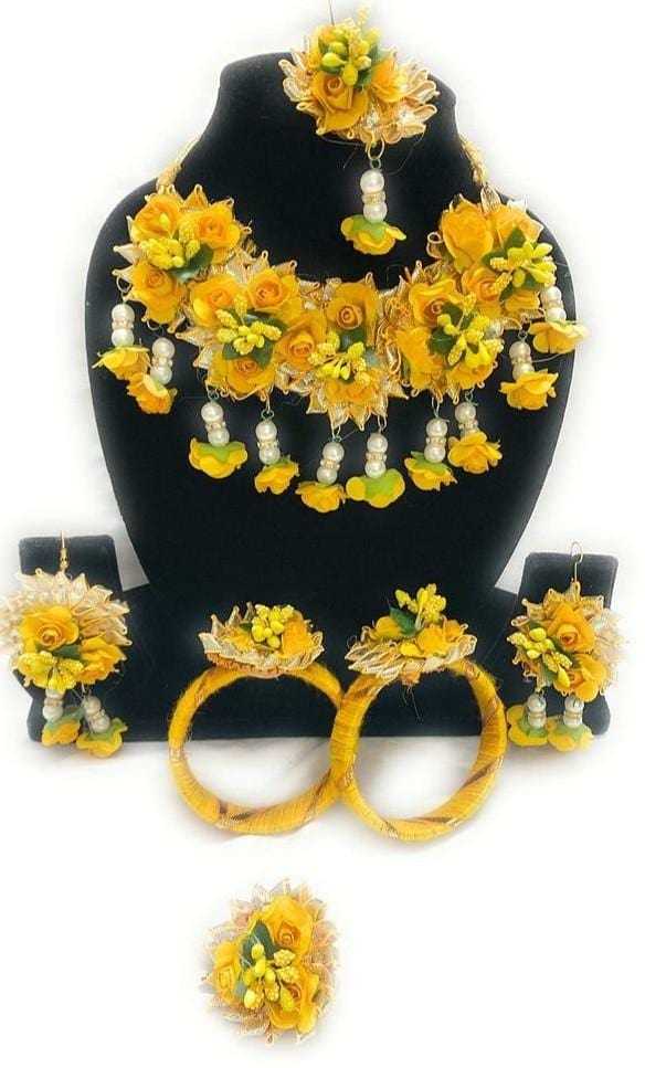 LAMANSH Necklace , Earring, Maangtika & Bracelets Set Yellow / Free Size / Bridal Style New Jaipur Handicraft Flower Jewellery Set