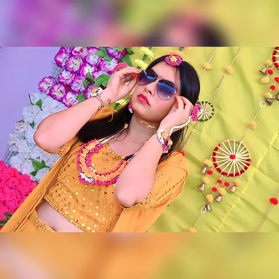 LAMANSH Necklace , Earring, Maangtika & Bracelets Set Yellow-Pink / Free Size / Bridal Style New Jaipur Handicraft Flower Jewellery Set