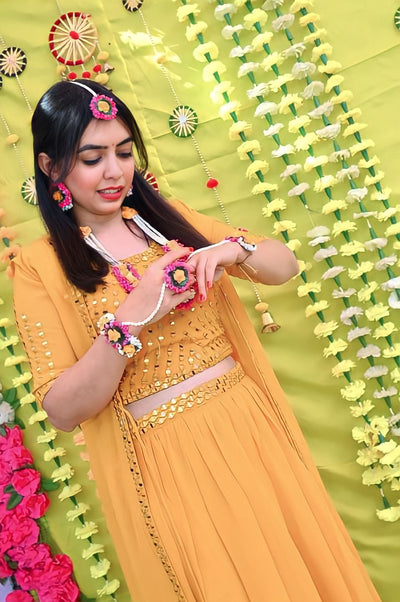 LAMANSH Necklace , Earring, Maangtika & Bracelets Set Yellow-Pink / Free Size / Bridal Style New Jaipur Handicraft Flower Jewellery Set