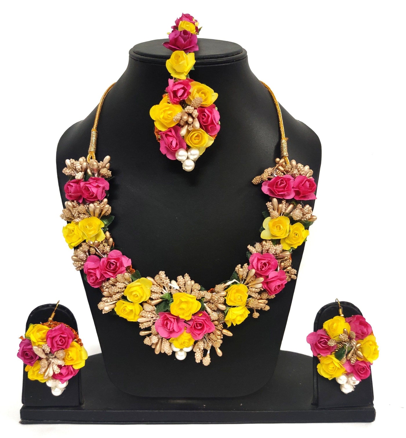 LAMANSH Necklace , Earring, Maangtika & Bracelets Set Yellow-Pink-Gold / Free Size / Bridal Style New Jaipur Handicraft Artificial Floral Jewellery Set