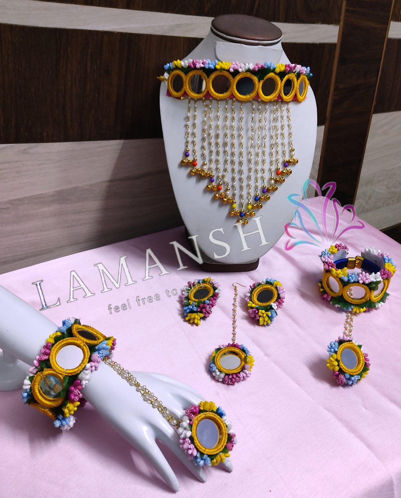Lamansh Necklace, Earring, Maangtika & Hathphool 1 Necklace , 2 Earrings , 1 Maangtika & 2 Hathphool / Rainbow LAMANSH® Special Floral 🌺 Jewellery with Hathphool set