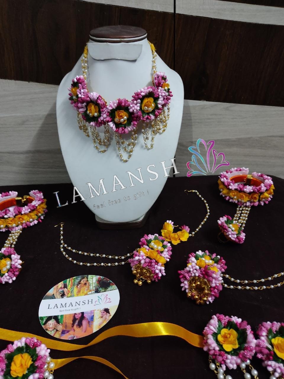 Lamansh Necklace, Earring, Maangtika , Nosering & Bracelet Set Yellow - Pink / Free size / Haldi LAMANSH® 🌺🌻🌷 Flower Jewellery Set with Nose ring & Anklets