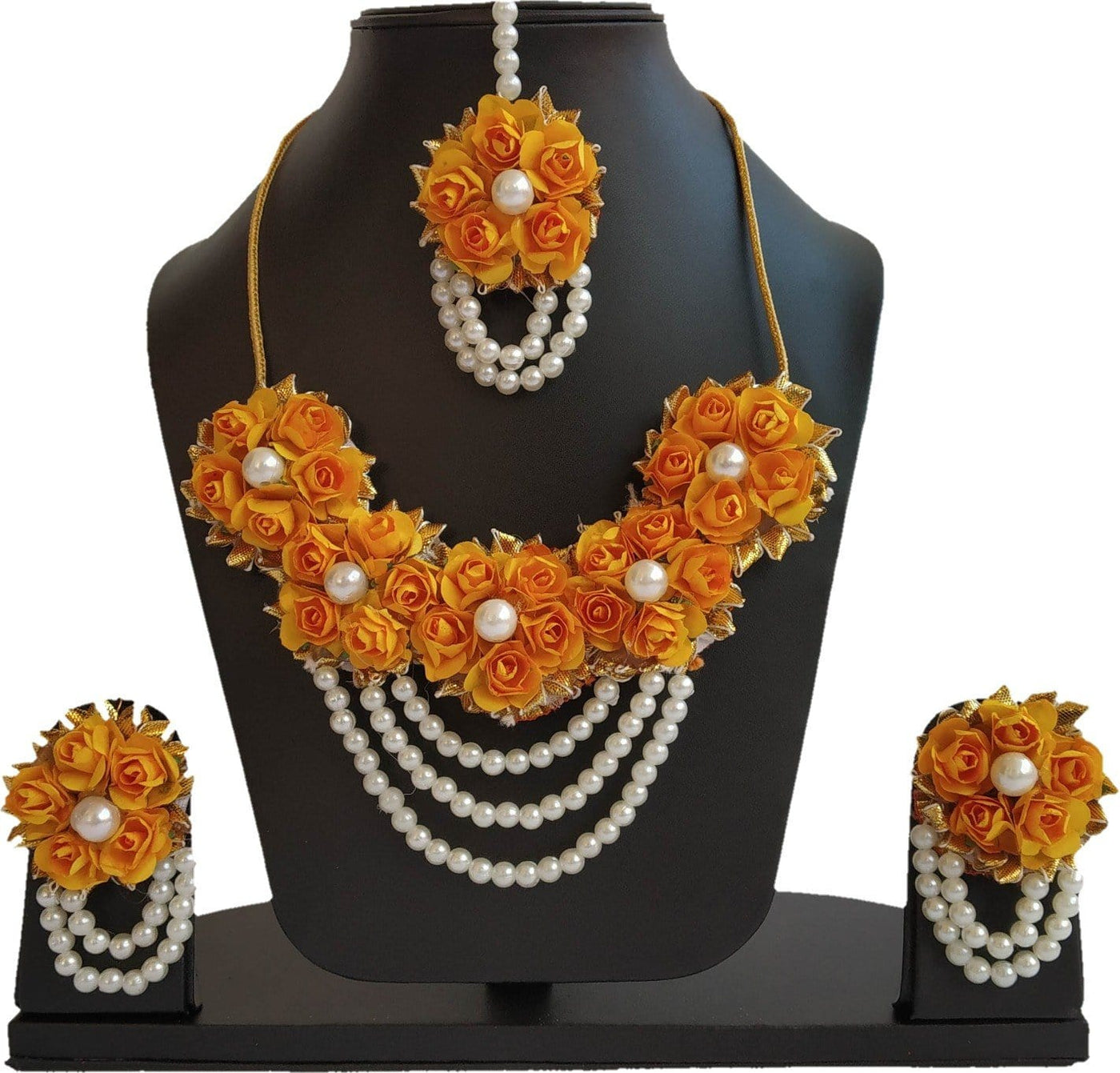 LAMANSH Necklace , Earring, Maangtika Orange / Free Size / Bridal Style New Jaipur Handicraft Floral Jewellery Set