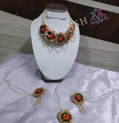 LAMANSH Necklace ,Earring, Maangtika Orange - Gold / Free Size / Bridal Look Lamansh® 🌺 Floral Jewellery Set for Haldi & Mehendi ceremony