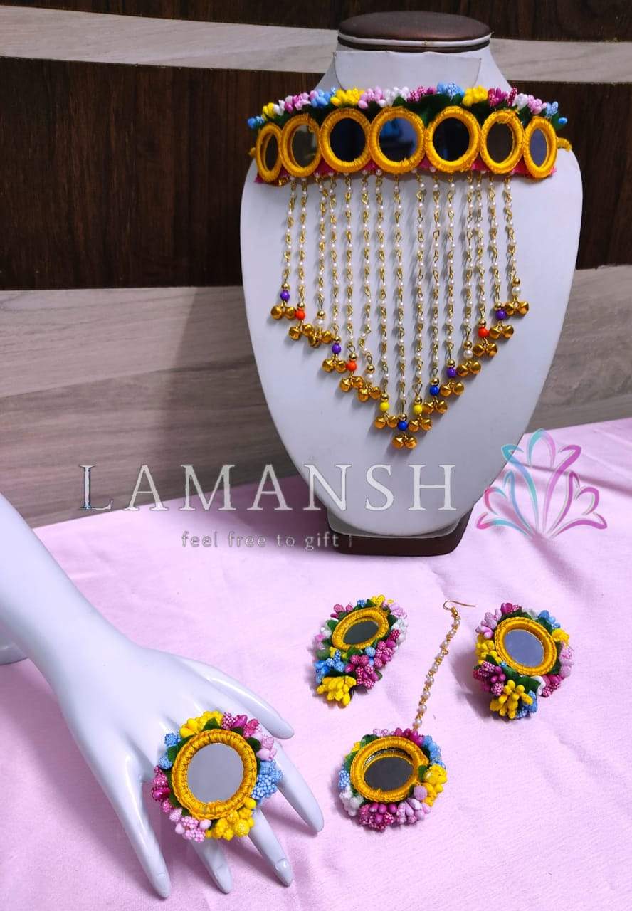 Lamansh Necklace, Earring, Maangtika & Ring 1 Necklace , 2 Earrings , 1 Maangtika & 1 Ring / Rainbow🌈 LAMANSH® Mirror Collection Bridal Floral 🌺 Jewellery Set for Haldi Mehendi ceremony