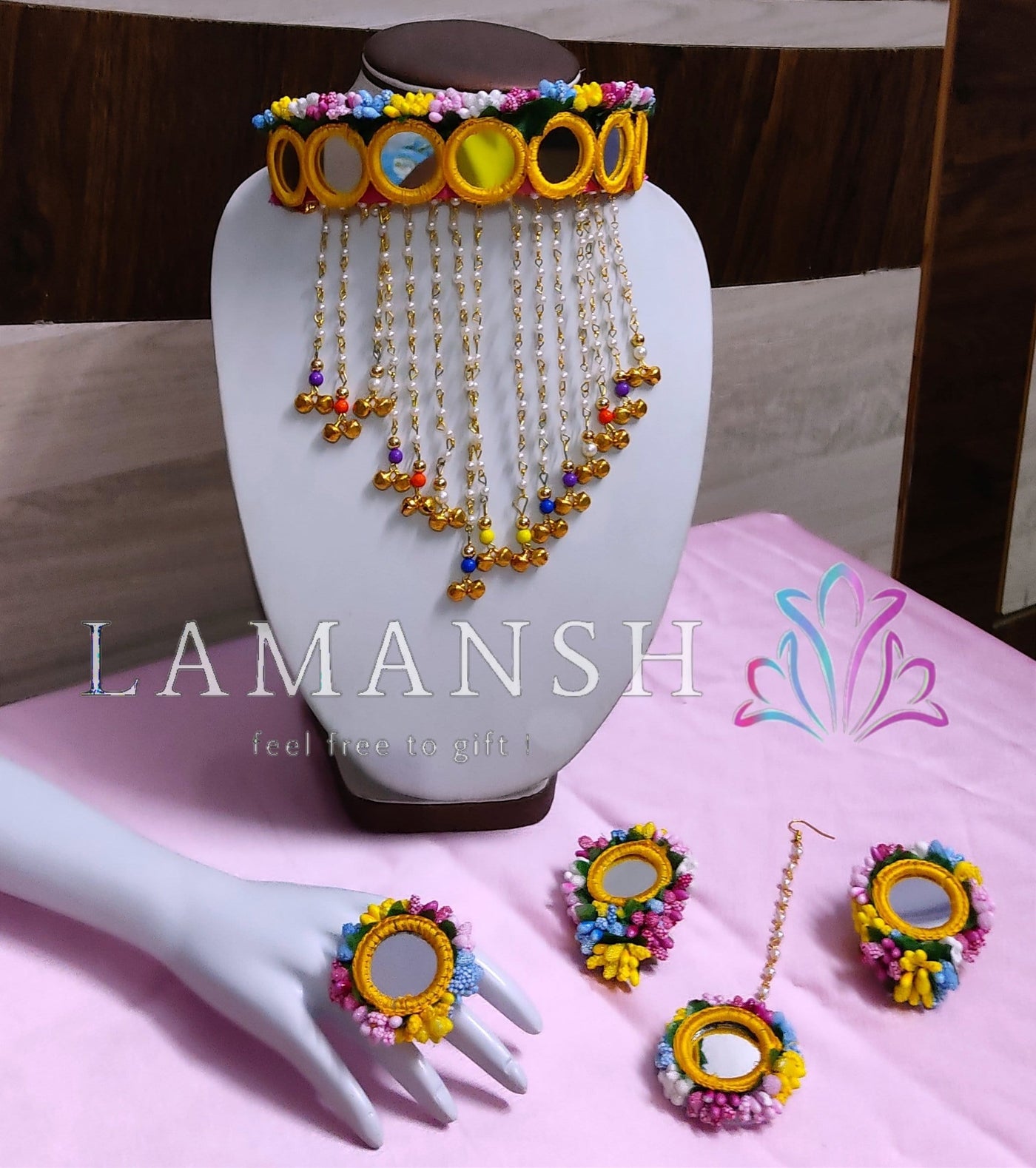 Lamansh Necklace, Earring, Maangtika & ring  1 Necklace , 2 Earrings , 1 Maangtika & 1 Ring  / Rainbow🌈 LAMANSH® Special Floral 🌺 Jewellery Set / Mirror Collection Floral Set