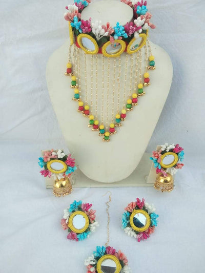Lamansh Necklace, Earring, Maangtika & Ring Set 1 Necklace, 2 Earrings , 1 Maangtika & 2 Rings / Rainbow🌈 LAMANSH® Special Mirror Collection Haldi 🌺 Jewellery Set