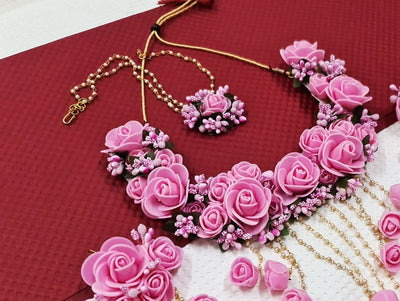 Lamansh Necklace , Earring, Maangtika Set 1 Necklace, 2 Earrings , 1 Maangtika / Pink LAMANSH® Special Haldi Mehendi 🌺 Jewellery Set