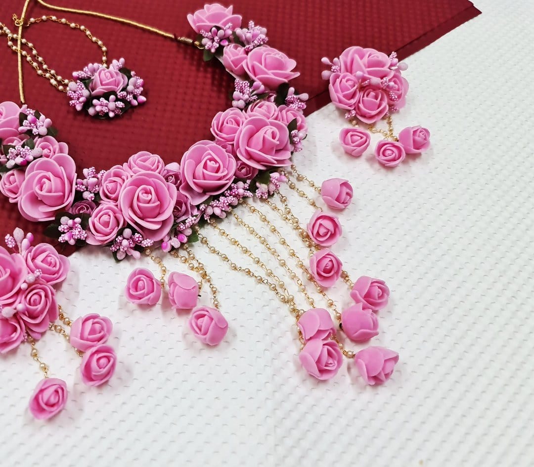 Lamansh Necklace , Earring, Maangtika Set 1 Necklace, 2 Earrings , 1 Maangtika / Pink LAMANSH® Special Haldi Mehendi 🌺 Jewellery Set