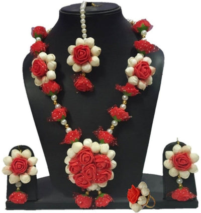 LAMANSH Necklace , Earring, Maangtika Set Multicolor / Free Size / Bridal Style New Jaipur Handicraft Artificial Floral Jewellery Set