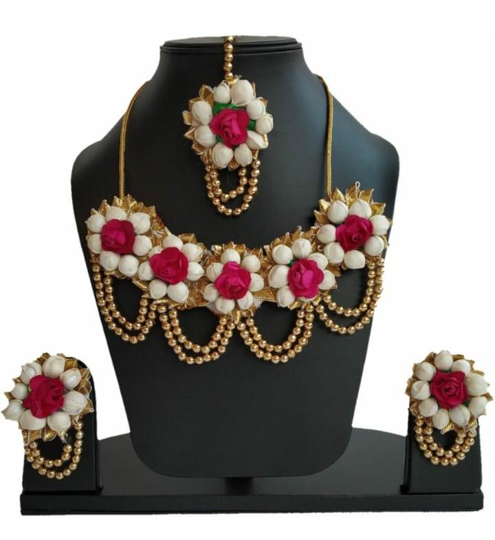 LAMANSH Necklace , Earring, Maangtika Set Multicolour / Free Size / Bridal Style LAMANSH® Floral Jewellery Set for Haldi ceremony