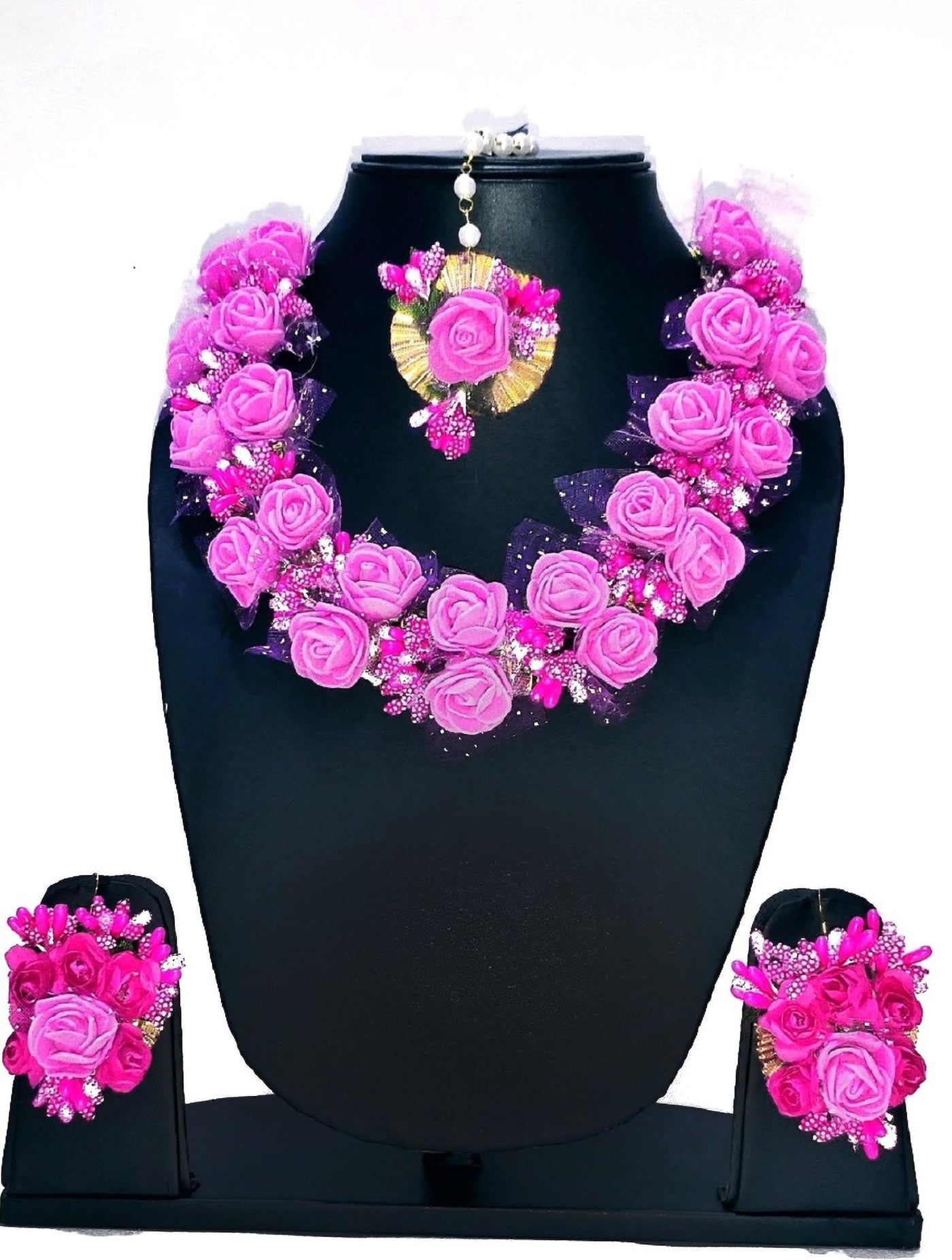 Lamansh Necklace, Earring, Maangtika Set Pink / Free size / Bridal Style Lamansh Bridal Floral Jewellery set