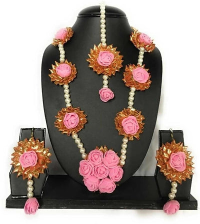LAMANSH Necklace , Earring, Maangtika Set Pink-Gold / Free Size / Bridal Style New Jaipur Handicraft Artificial Floral Jewellery Set