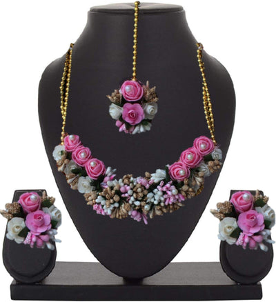 LAMANSH Necklace , Earring, Maangtika Set Pink-White / Free Size / Bridal Style New Jaipur Handicraft Artificial Flower Jewellery Set