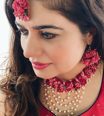 LAMANSH Necklace ,Earring, Maangtika Set Red / Free Size / Bridal Look Lamansh® 🌺 Flower Jewel Set
