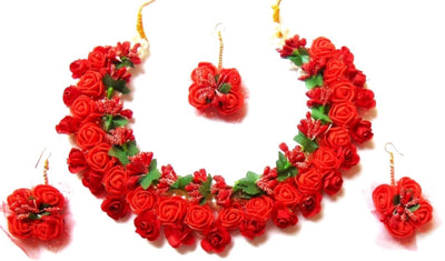 LAMANSH Necklace , Earring, Maangtika set Red / Free Size / Bridal Style New Jaipur Handicraft Artificial Flower Jewellery Set