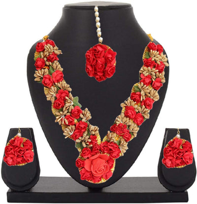 Lamansh Necklace, Earring, Maangtika Set Red -Gold / Free size / Bridal Style Lamansh Bridal Floral Jewellery set