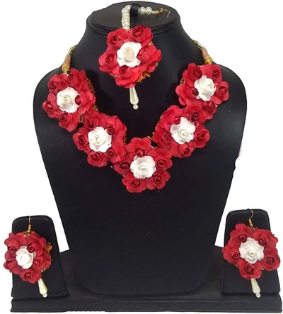 Lamansh Necklace, Earring, Maangtika Set Red-White / Free size / Bridal Style Lamansh Bridal Floral Jewellery set