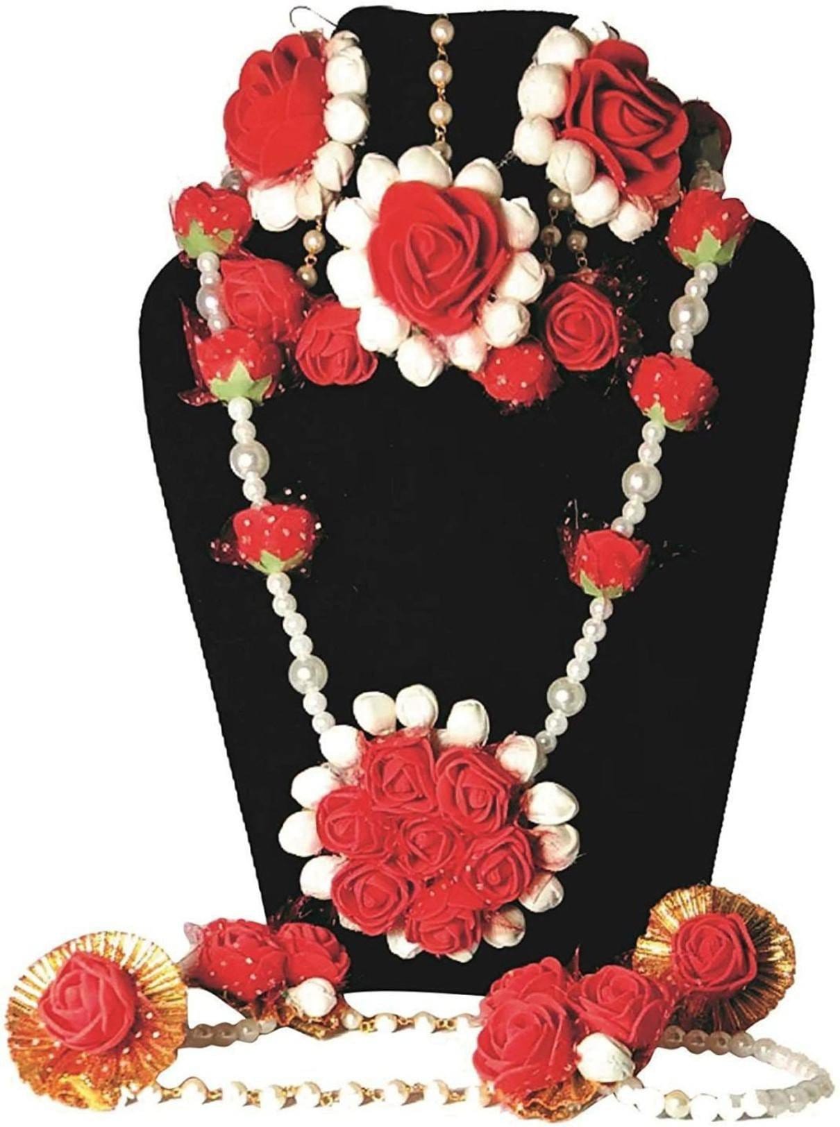 LAMANSH Necklace , Earring, Maangtika Set Red-White / Free Size / Bridal Style New Jaipur Handicraft Artificial Floral Jewellery Set