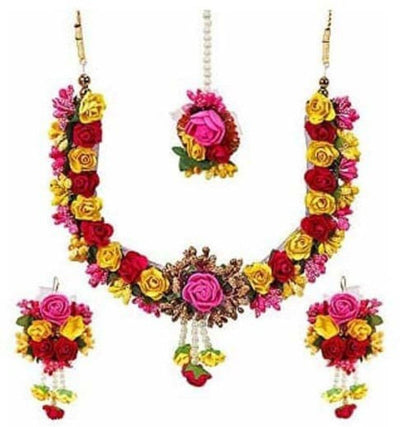 LAMANSH Necklace , Earring, Maangtika Set Red- yellow-pink / Free Size / Bridal Style LAMANSH® 🌺🌹🌷 Floral Jewellery Set