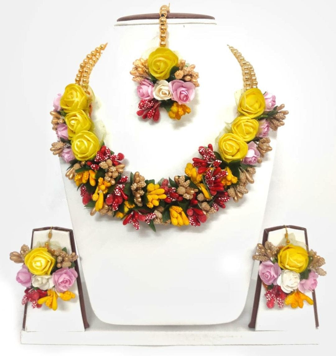 Lamansh Necklace, Earring, Maangtika Set Red-Yellow-Pink-Gold / Free size / Bridal Style Lamansh Bridal Floral Jewellery set
