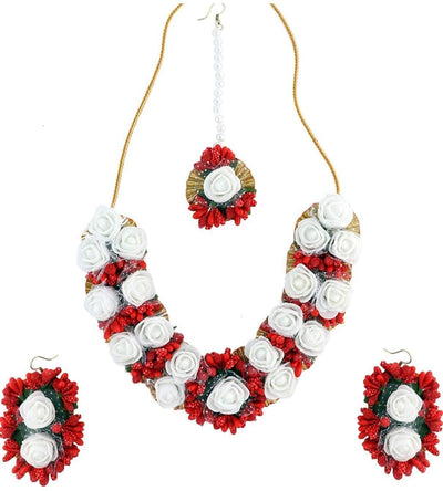 Lamansh Necklace, Earring, Maangtika Set White-Red / Free size / Bridal Style Lamansh Bridal Floral Jewellery set