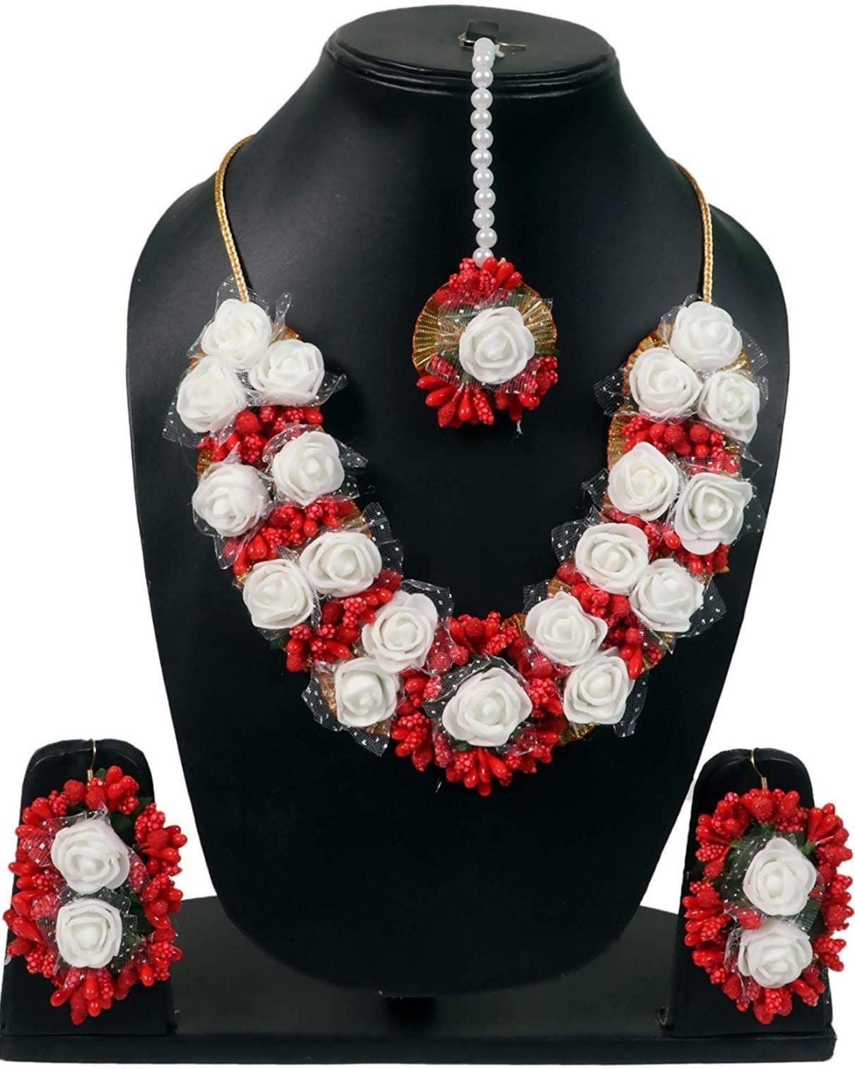 Lamansh Necklace, Earring, Maangtika Set White-Red / Free size / Bridal Style Lamansh Bridal Floral Jewellery set