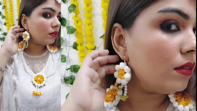 LAMANSH Necklace , Earring, Maangtika Set Yellow / Free Size / Bridal Style LAMANSH Flower Jewellery Set For Haldi Mehendi / Floral 🌺 set
