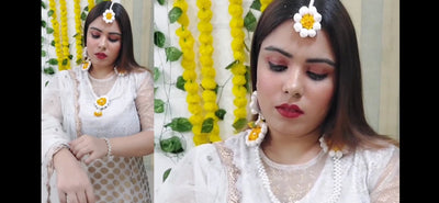 LAMANSH Necklace , Earring, Maangtika Set Yellow / Free Size / Bridal Style LAMANSH Flower Jewellery Set For Haldi Mehendi / Floral 🌺 set